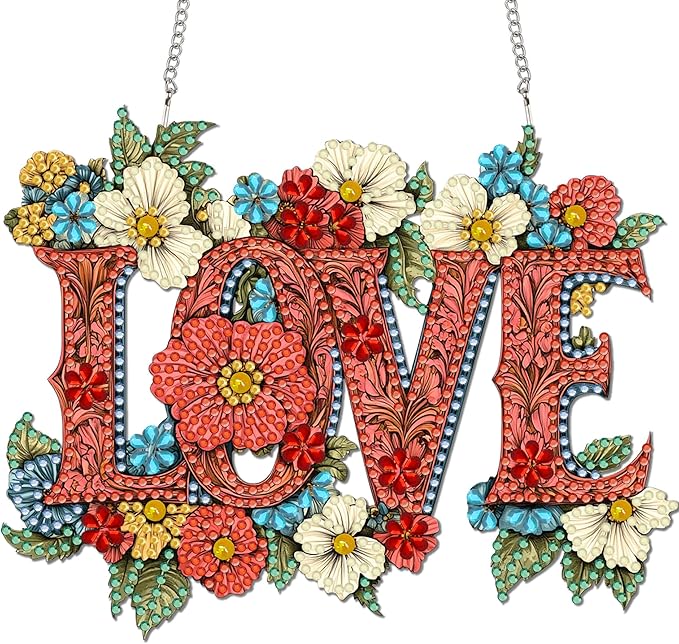 Reofrey Hanging Diamond Art Kits for Adults - 8x8 Inch Love Acrylic Board Double Sided Pattern Diamond Painting Suncatcher Pendant, DIY Crystal Art for Home Wall or Window Decoration Handmade Gift