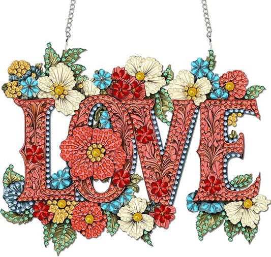 Reofrey Hanging Diamond Art Kits for Adults - 8x8 Inch Love Acrylic Board Double Sided Pattern Diamond Painting Suncatcher Pendant, DIY Crystal Art for Home Wall or Window Decoration Handmade Gift