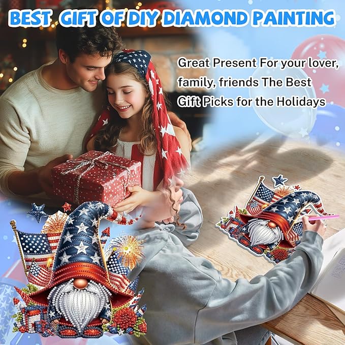 Bowetile Independence Day 5D Diamond Art Hanging Gnome Kits for Adults, 4th of July Fireworks Diamond Painting Window Pendant Kits, Special Shape Gem Art Suncatcher Ornament for Home Wall Decor