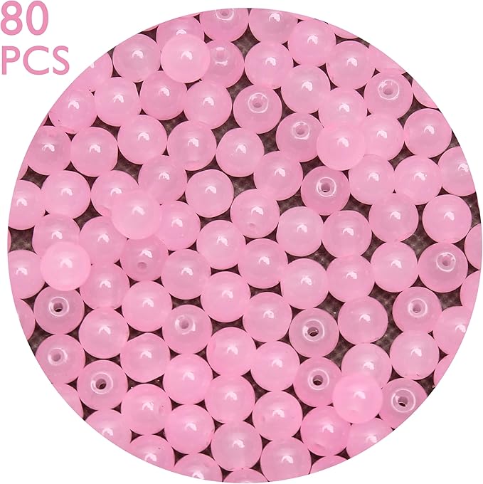 80PCs 10mm Light Pink Jade Glass Beads Bulk, Round Smooth Hole Glass Crystal Beads for Jewelry Making, DIY Bracelets, Necklaces, Bag Charms, Keychains and Craft Projects