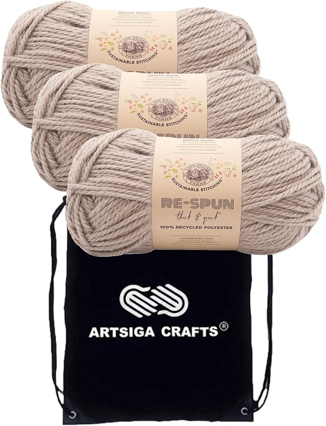 Lion Brand Knitting Yarn Re-Spun Thick & Quick Yarn Hazelwood 843-124 (3-Skeins) Same Dye Lot Weight S Bulky #6 Soft 100% Recycled Polyester with Knitting Project Bag