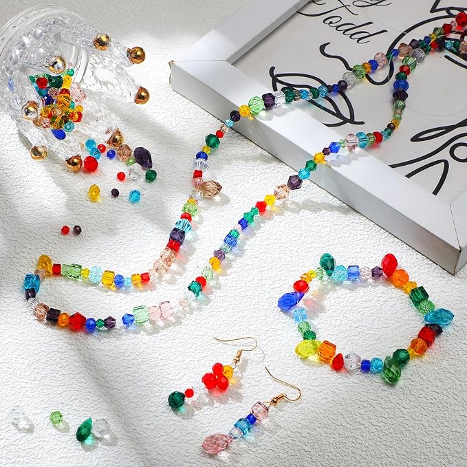 Kigeli 1280 Pcs Glass Beads Bulk Assorted Crystal Beads for Jewelry Making Faceted Teardrop Rondelle Briolette for DIY Crafts Necklace Wristband Earring Kit(Classic,Colorful)