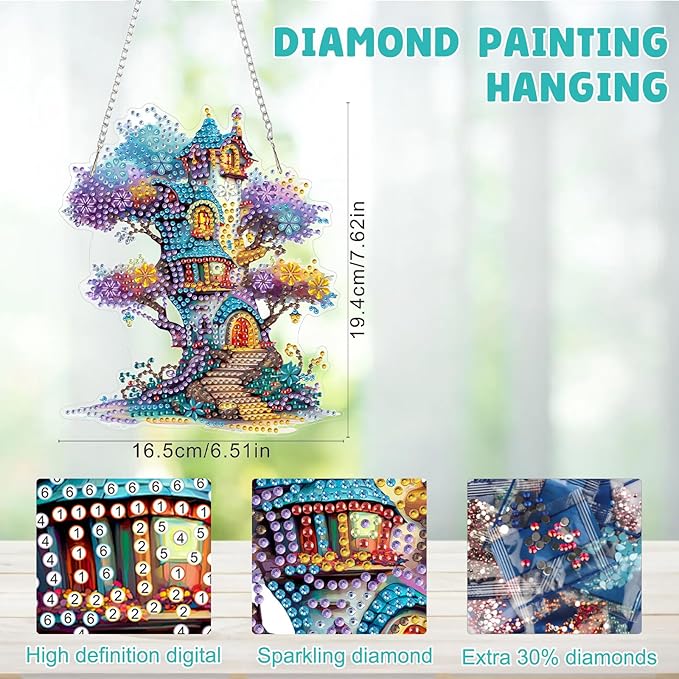 MAXBYE Diamond Art Kits Hanging Spirit House Pendant, DIY 5D Special Shaped Diamond Painting Craft Gem Art Rhinestone for Adults and Home Window Door Decor 8×8 Inch