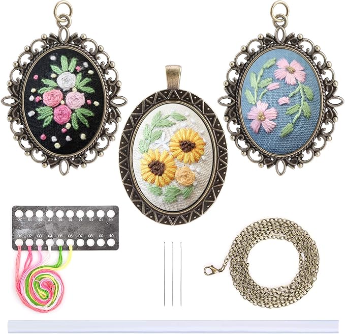 MWOOT 3 Pack Pendant Embroidery Starter Kit for Beginners,Retro Necklace Series Cross Stitch Tools for Necklace & Earrings & Hand Sewing Jewelry & Creative Gifts,Style A