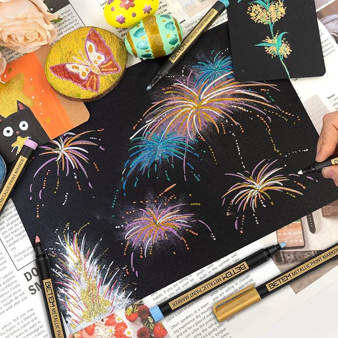 Betem Metallic Paint Markers, 18 Colors Acrylic Paint Metallic Markers for Black Paper, 2mm Medium Tips Glitter Pens Scrapbooking Supplies, Egg Decorating Kit, for Rock Painting, Cards, Photo Albums