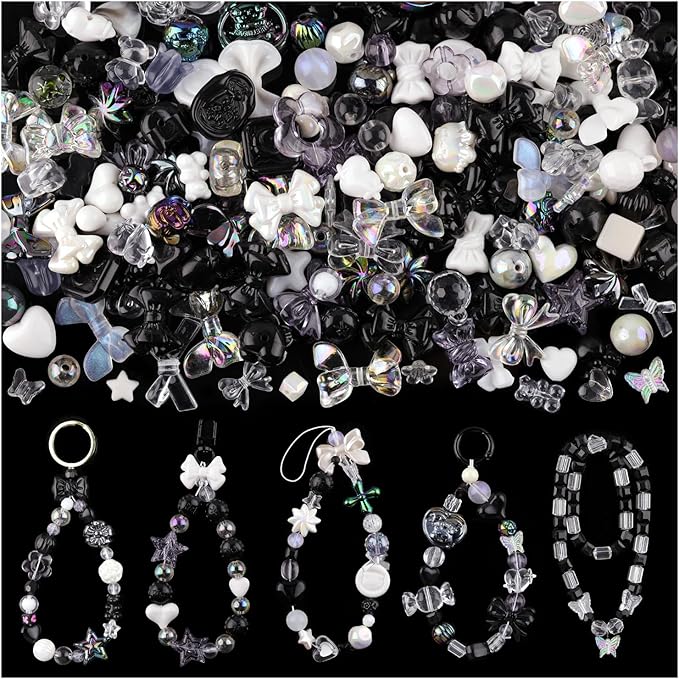 200-260pcs tinkrstuff assorted black acrylic beads for bracelet making, cute beads for jewelry making flower bow butterfly candy gummybear aesthetic bracelet charms,diy necklace keychain phone charm