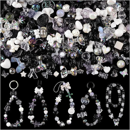 200-260pcs tinkrstuff assorted black acrylic beads for bracelet making, cute beads for jewelry making flower bow butterfly candy gummybear aesthetic bracelet charms,diy necklace keychain phone charm