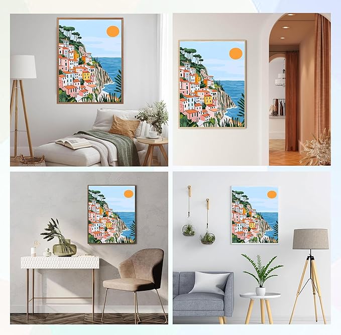 QENSPE Diamond Painting Art Kits for Adults, DIY Seaside View Full Drill Diamond Art for Beginners, 5D Colorful Houses Round Diamond Dots Paintings Gem Art Crafts for Home Wall Decor Gifts 30x40cm