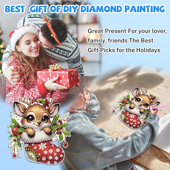 Bowetile Christmas Diamond Art Hanging Kits for Adults, 5D Special Shape Diamond Painting Kits Deer, Crystal Gem Painting Arts and Crafts for Christmas Gifts for Home Garden Decor