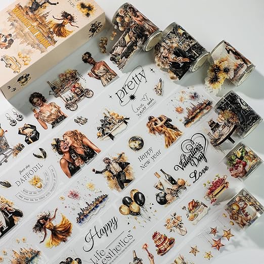 Retro Party PET Stickers washi Tape 6 Rolls, 453 pre-Cut Stickers for Scrapbooking, journaling, Card Making, Balloons, Cakes, Gentleman, Lady Patterns