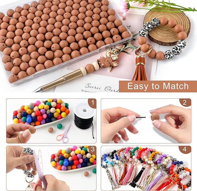 Silicone Beads, 150Pcs 15mm Round, Bulk for Keychain Making, Bracelet Making, Necklace Making, Camel
