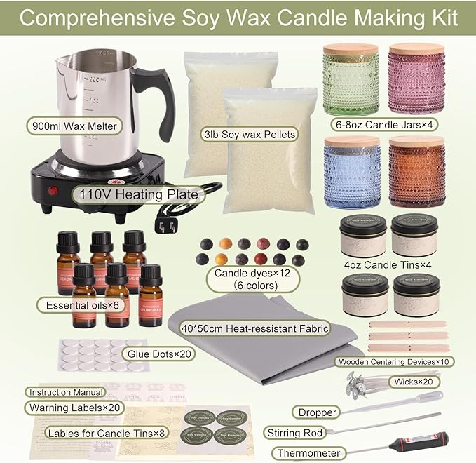 LAMORGIFT Soy Candle Making Kit with Wax Melter for Adults- Natural Soy Wax with Candle Making Supplies, 4 Jars& 4 Tins, Wax Melting Pot and More, Colored Scented Candle DIY Kit for Christmas Gift Set