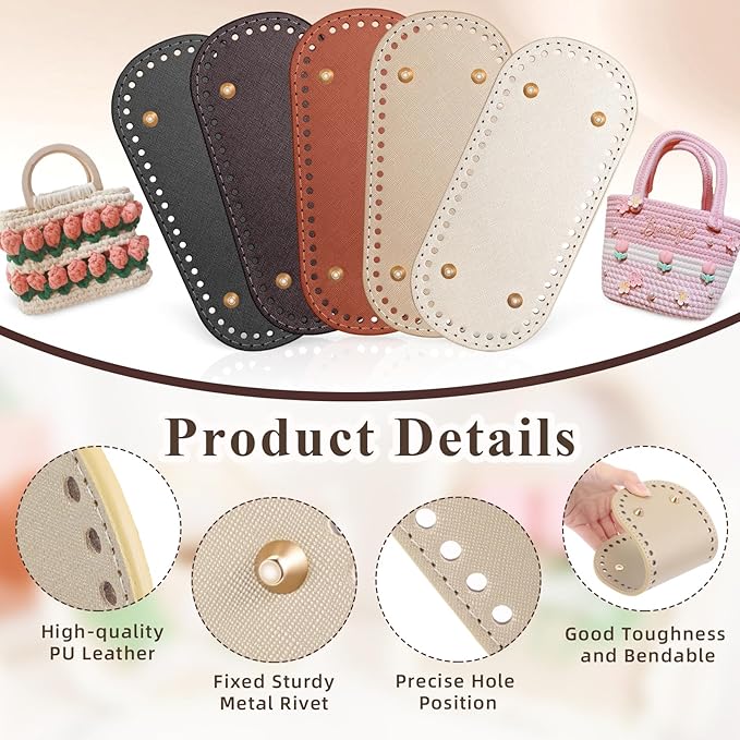 SilTriangle 5 Pcs Purse Bottoms for Crochet Bags with 2 Pcs Hook, Crochet Purse Kit Basket Base Leather Bag Bottoms for DIY Bags Making Supplies Kit Knitting(Classic Color)