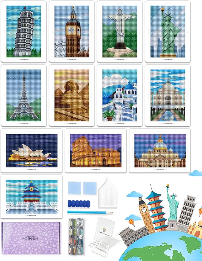 forever young Minigem Small Diamond Art Kits for Beginners, 12Pcs World-Famous Landmark Square Diamond Painting Kits for Adults, 3-Hour Postcard-Style Mini Diamond Art Kits (5x7 Inch)