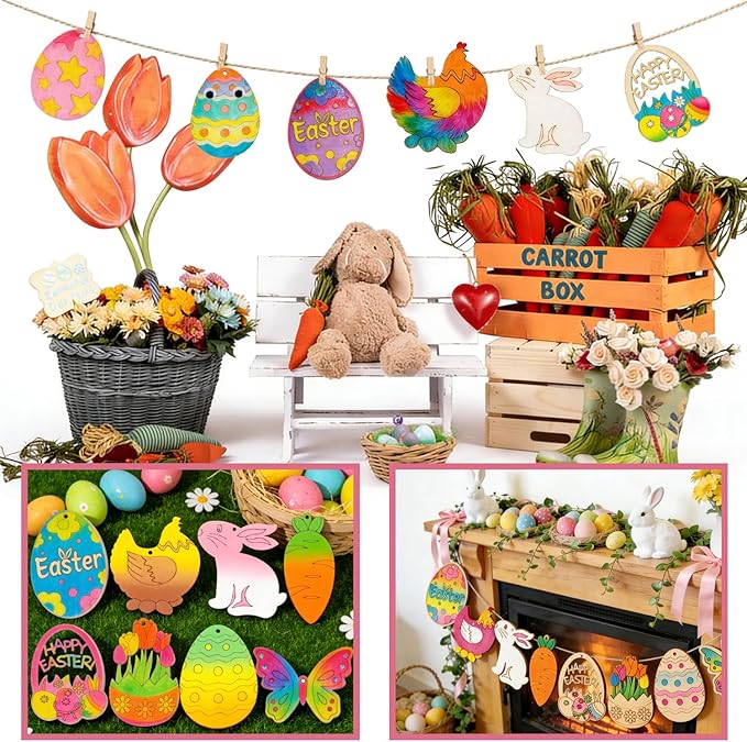 KITRDOOR Easter Wooden Painting Craft Kit, 40Pcs Unfinished Easter Wooden Ornaments, DIY Wood Cutouts Egg Bunny Chick Tulip Ornaments Craft Kits for Adults Spring Party Hanging Decorations