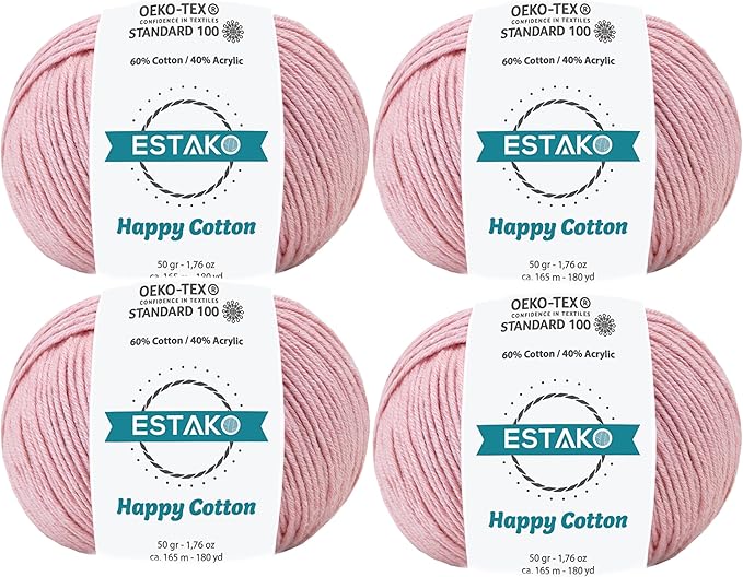Estako Happy Cotton, (4 Skeins Pack) 60% Cotton 40% Acrylic Yarn, Soft, Fine/Sport (2) for Crochet and Knitting (4 x 1.76 Oz) / (4 x 180 Yrds) (4310 - Baby Pink)