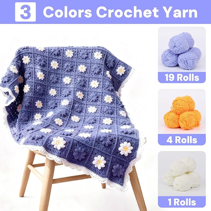 HUYEIOBGD Daisy Blanket Crochet Kit for Beginners, Complete DIY Crochet Set with Yarn, Hooks, Pattern & Tools, Boho Flower Blanket Craft Kit for Handmade Gifts, Relaxing Crochet Projects for Adults