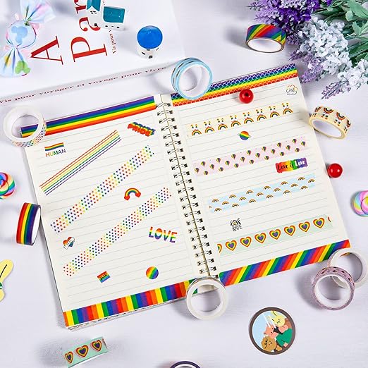 Whaline 12 Rolls Rainbow Washi Tape Gay Pride Day Washi Masking Tape Colorful Heart Love Decorative Paper Stickers for Birthday Gay Pride Day Scrapbook Gift Wrapping DIY Art Crafts