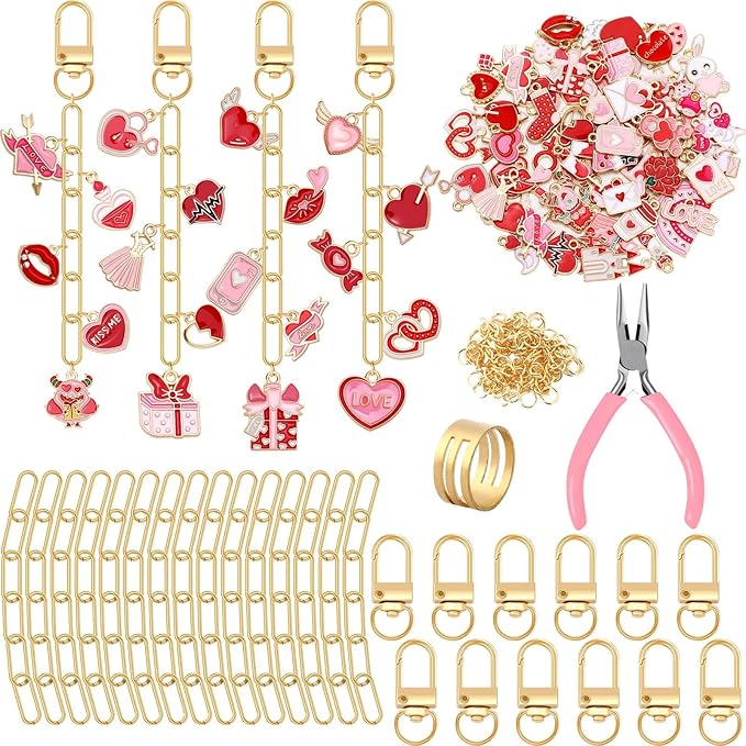 AUGSUN 189Pcs Valentines Keychain Making Kit, Valentines Day Charm Jewelry Chain Making Crafts, 60 Charms 12 Keychain Clips Hooks 15 Extender Chains 100 Jump Ring and Jewelry Plier