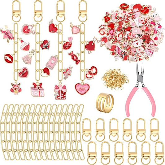 AUGSUN 189Pcs Valentines Keychain Making Kit, Valentines Day Charm Jewelry Chain Making Crafts, 60 Charms 12 Keychain Clips Hooks 15 Extender Chains 100 Jump Ring and Jewelry Plier