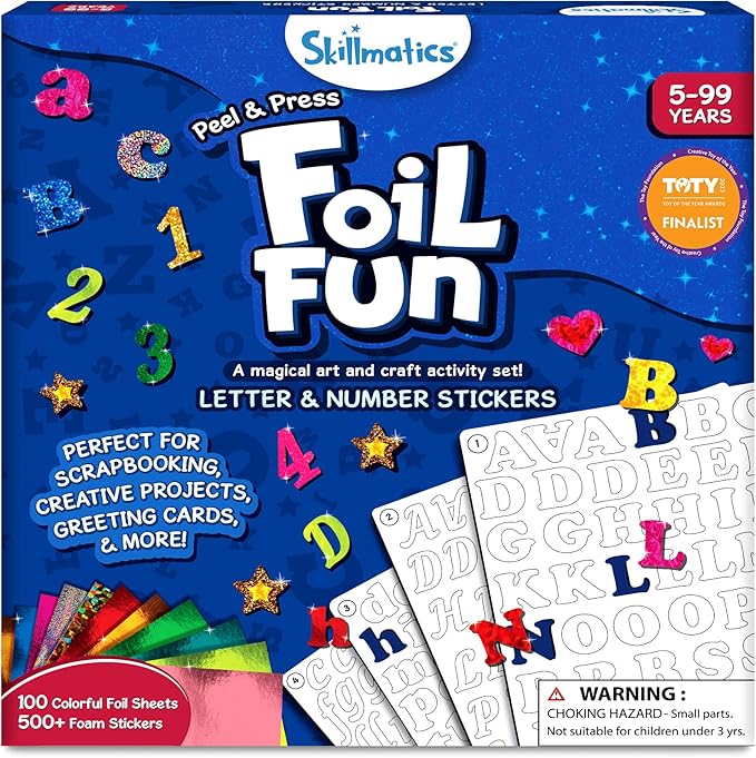 skillmatics foil fun - letter & number stickers, mess-free art, project kits, diy colorful creative activity, gifts for ages 5, 6, 7, 8, 9, and up
