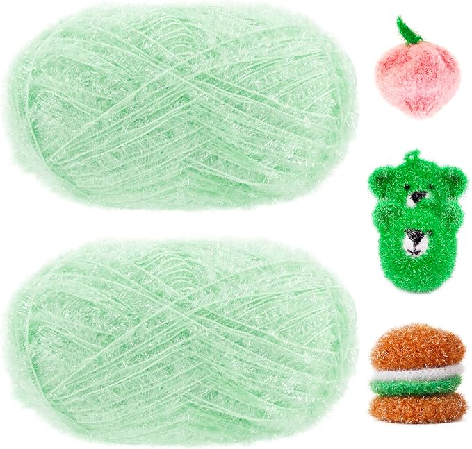 JeogYong Scrubby Yarn 2 Skeins (2 x 100g, 2 x 218yd) Scrubby Sparkle Yarn, Fluffy Polyester Scrubbie Crochet String for Crocheting Knitting Dishcloths Washcloths DIY Projects