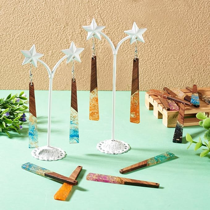 Beadthoven Colorful Resin Wood Charms for Earrings, 16Pcs/8 Pairs Glittery Silver Gold Foil Hanging Wooden Pendants Transparent Long Bar Pendants for Jewelry Making Necklace DIY Crafts