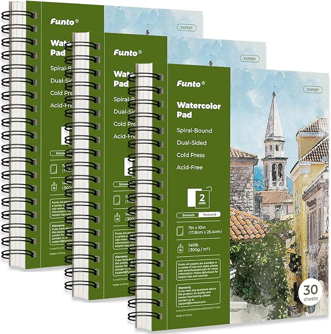 Funto Watercolor Pad 10x7, 3-Pack, 90 Sheets, 140 lb/300 GSM, Double-Sided, Cold Press, Spiral Bound, Heavyweight Paper for Watercolor Painting