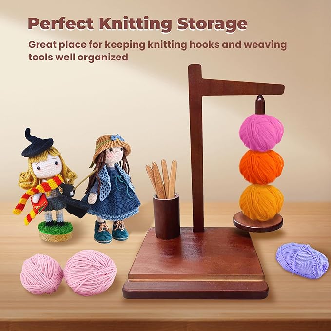 mehidfy wooden yarn holder for crocheting and knitting with magnetic spinner, crocket hook storage with phone stand, yarn ball holder for crochet lovers