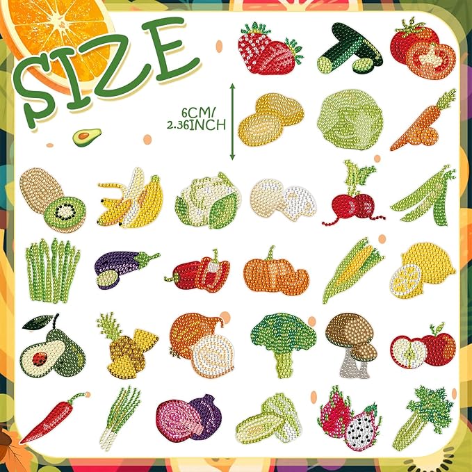 30 Pcs Diamond Art Painting Magnets Kits Vegetables Magnetic Fridge Diamond Art Painting Kits Cute Small Fridge Magnet 5d Round Full Drill Gem DIY Craft Paint by Dots for Adult Beginner Gifts Home