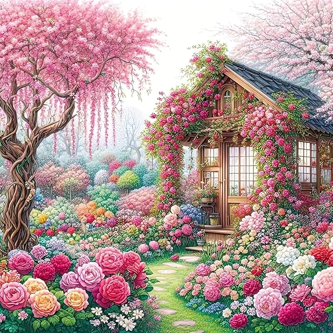House Flower Diamond Art Kits for Adults, Pink Flower Diamond Painting for Beginners, 5D Diamond Dot, Dimond Art Paintings Kit, Gem Painting Kit, Crafts for Adults, Home Wall Decor Gifts (14x14inch)