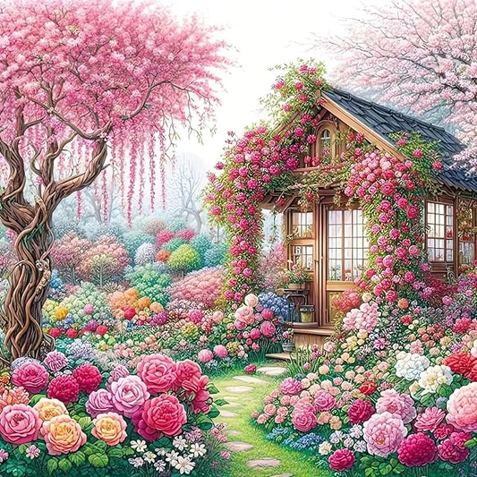 House Flower Diamond Art Kits for Adults, Pink Flower Diamond Painting for Beginners, 5D Diamond Dot, Dimond Art Paintings Kit, Gem Painting Kit, Crafts for Adults, Home Wall Decor Gifts (14x14inch)