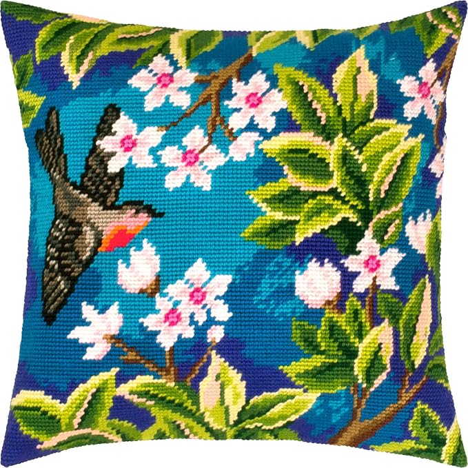 Brvsk Nature Inspired Stamped Cross-Stitch Kit for Adults and Beginners — Redstart. Tree by John Henry Dearle 16″ × 16″ with Clear, Precise Printed Design on Cotton Canvas; Includes Needles and Yarn