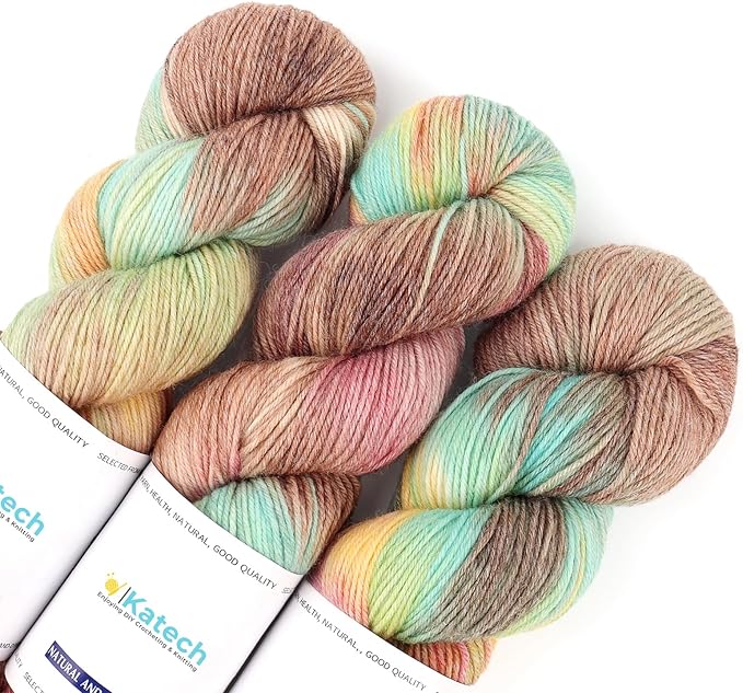 Katech Wool Yarn for Crocheting- 10.58 oz/ 300g Gradient Yarn Wool 52%, Cashmere 10%, Polyester 38%, 885 yds/ 810m Multi Colored Yarns Cashmere Yarns for Knitting Socks Sweater Shawl-Green Brown