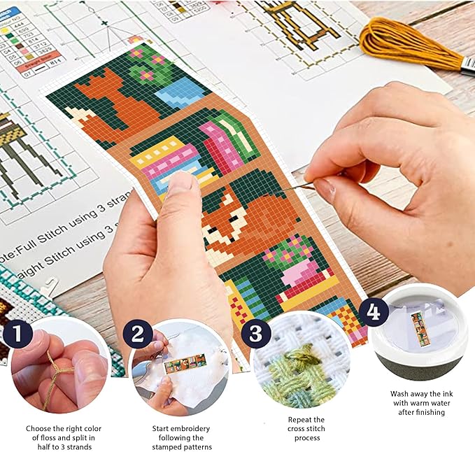 FREEBLOSS 6 Set Cross Stitch Bookmark Kits Fox Bookshelf Pattern Stamped Embroidery Kit Stitch Bookmarks DIY Book Marks Printed Cross Stitch Kits with Instructions for Beginners Adults, 8''x2.4''