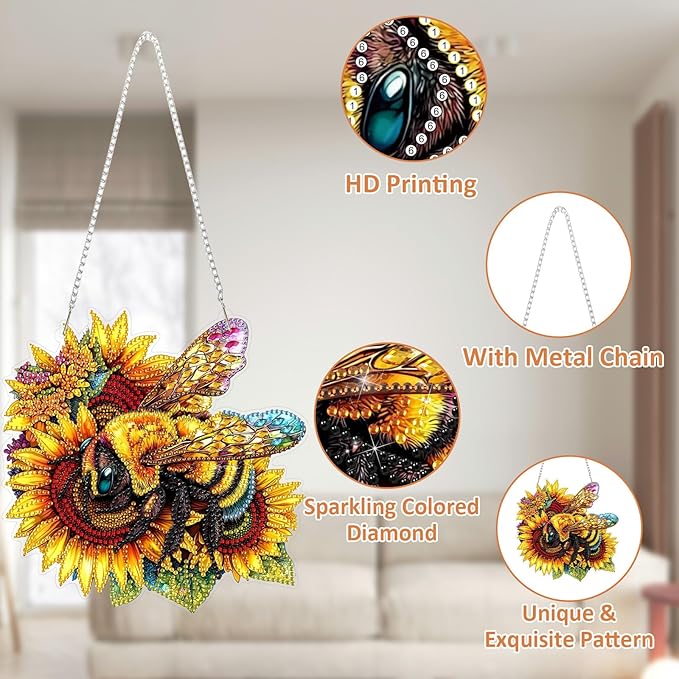SENQAO Bee Diamond Art Hanging Kit for Adult, Special Shaped Rhinestone, DIY Acrylic 5D Diamond Art Painting Window Pendants Home Garden Wall Hanging Kits Hanging Ornament