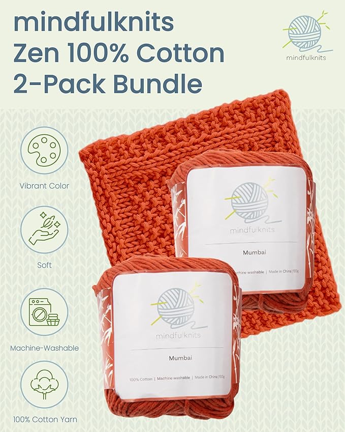 Knitting Yarn, Crochet Yarn, Mindfulness and Relaxation 100 Percent Cotton Yarn, Single Color 2-Pack - Medium Number 4 Worsted Bundle, Soft & Gentle for Garments, Amigurumi, Baby Items by mindfulknits