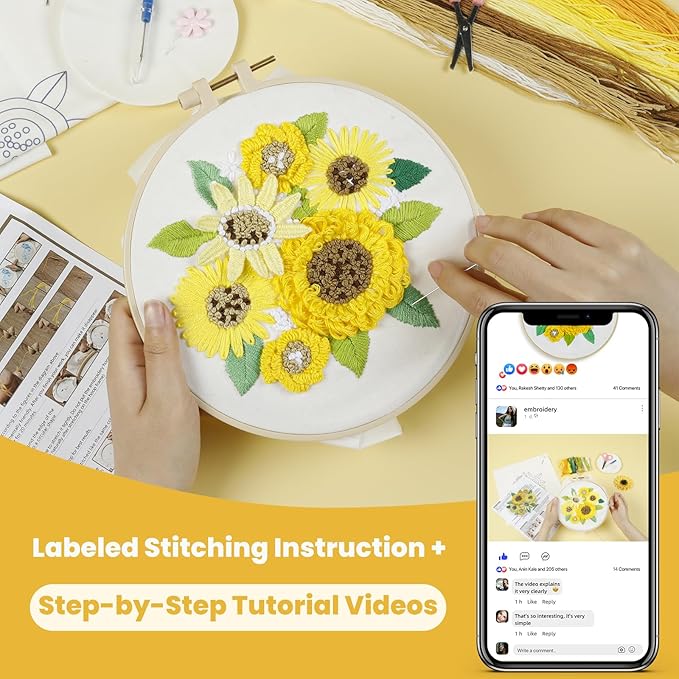 htvront 3d embroidery kit for beginners- sunflower embroidery kits with step-by-step video tutorials, 3d art finished with 5 stitches, beginner embroidery kit for adults for denim jackets, home decor