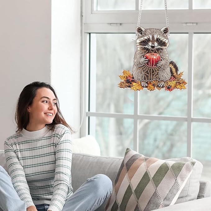 Yomiie Raccoon Animal Sun Catcher Window Hanging - DIY Double Sided Diamond Painting Pendant Kits for Adults, 5D Acrylic Diamonds Art Ornament for Indoor/Outdoor Garden Home Autumn Decor (8x8 inch)