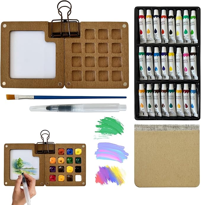 Mini Watercolor Paint Set, 24 Colors Travel Watercolor Kit with 15 Grids Walnut Wood Palette, Water Brush, Sketchbook & Clip | Portable Pocket Painting Set for Adults, Beginners, Artists, Students