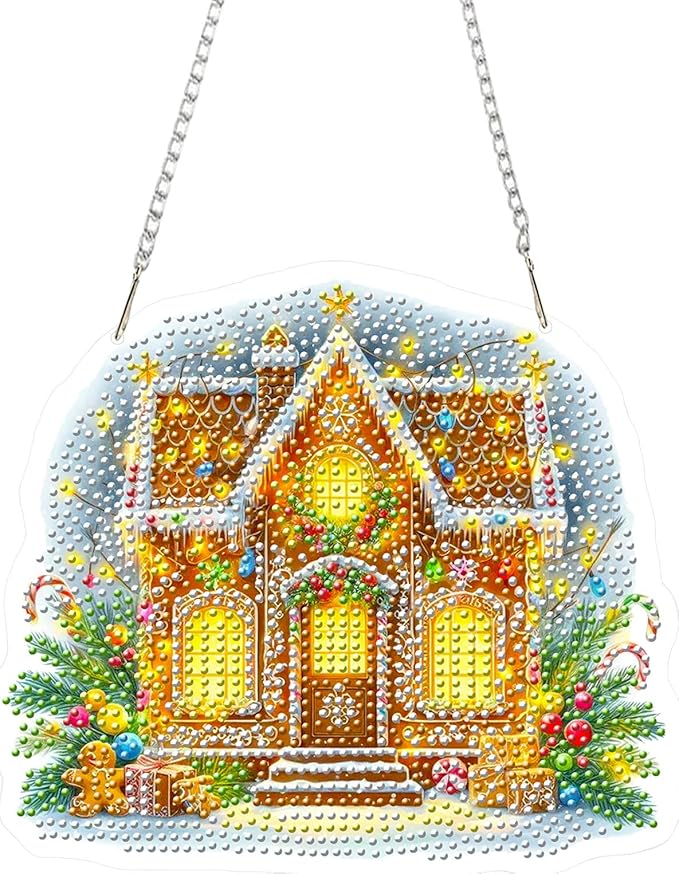 EMIEAUFG Christmas Diamond Art Hanging Kit for Adult, Xmas House Diamond Art Pendants, Double Sided Acrylic & 5D Special Shaped Rhinestone, Christmas DIY Ornament for Window Home Wall Decor