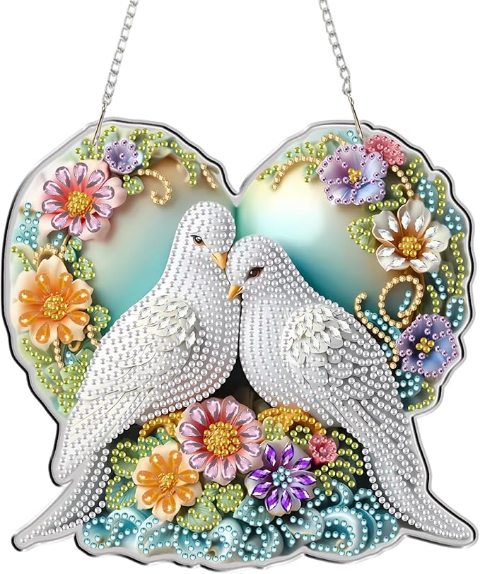 Hanging Diamonds Art kit for Adult, Spring DIY Dove of Peace Diamonds Painting Art Kit, 7.76x7.4 inch Acrylic Diamonds Painting Kit, Diamond Dot Kits Special Crystal Diamond Hanging Ornamen