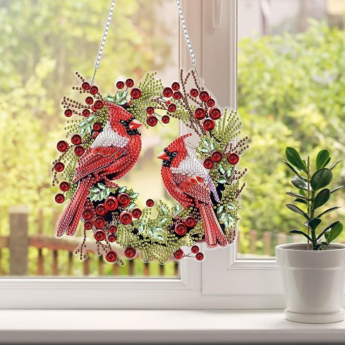 HEIBAGO Cardinal Diamond Art Hanging Kits for Adults Kids, 5D Special Shaped Crystal Diamond Painting Kit Wreath, DIY Pattern Window Pendant Gem Art Kit for Home Wall Decor 8.3 x 8.3 Inch