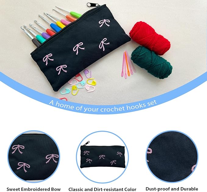 Crochet Hooks Set,Crochet Needles with Case Yarn,Ergonomic Crochet Hooks with Soft Grip Handles,9 Sizes from 2mm-6mm,Crochet Kit for Beginners DIY Dolls Bags Clothes Blanket Handmade Flowers (Bow)