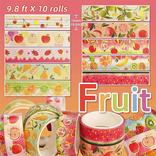 Fruits Washi Tape Set 10 Rolls Harvest Orchard Patterns Gold Decorative Tapes for Journals, Planners, Scrapbooking, Gift Wrapping, DIY Crafts (Fruits)