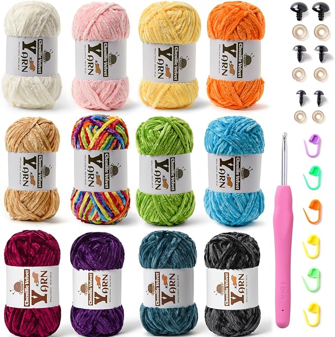 12 Pack Multicolor Crochet Yarn, Fluffy Chunky Chenille Yarn for Crocheting, Fuzzy Velvet Yarn for Crochet Kit, Baby Yarns for Crocheting Soft Amigurumi Yarns Set E (100g/87yds Each)