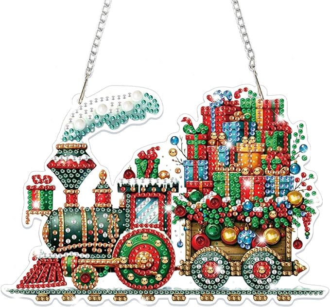 Bowetile Christmas Train Diamond Art Hanging Kits for Adults, Diamond Art Suncatchers, 5D Special Shape Diamond Painting Pendant Window Ornament Christmas Gifts for Home Door Wall Decor