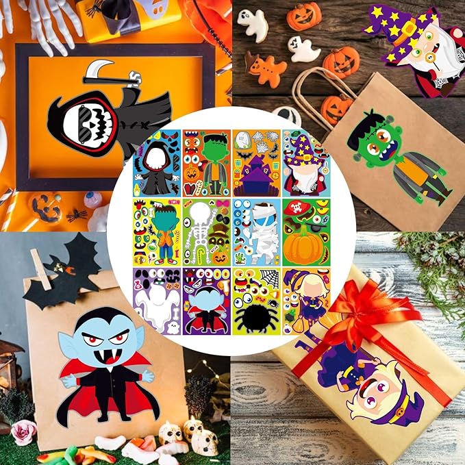 48 pcs halloween make-a-face stickers halloween characters stickers for kids make your own mix and match sticker diy crafts decorating toy sticker trick or treat party game activities