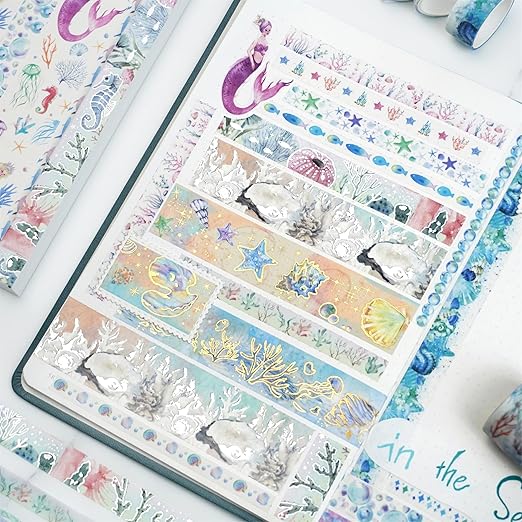 YUBX Marine Life Washi Tape Set 24 Rolls Gold Silver Foil Masking Underwater World Graphic Decorative Tapes for Arts, DIY Crafts, Journals, Planners, Scrapbook, Wrapping