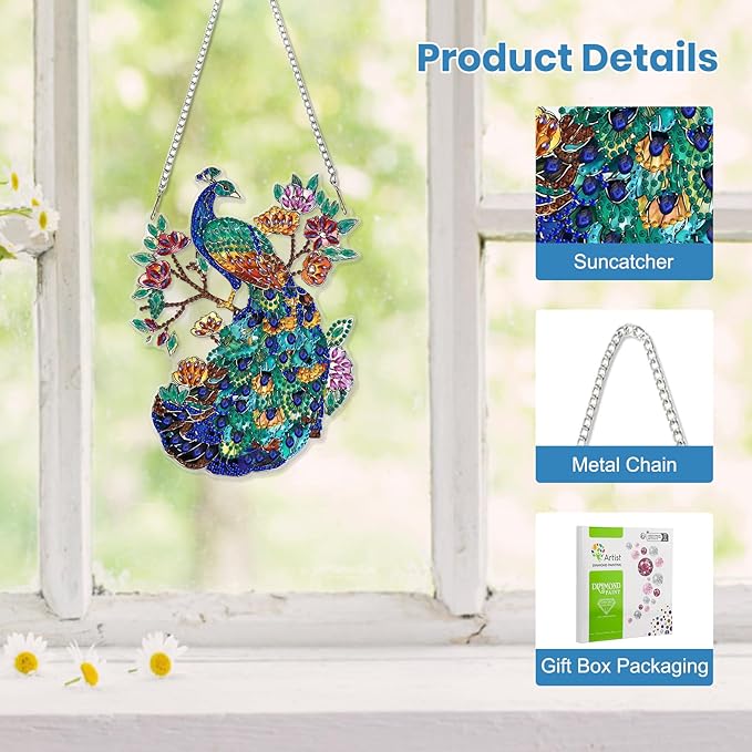 EOBROMD Diamond Hanging Art Kits for Adults Flower, Peacock DIY Special Shaped Rhinestone Kits for Adults, Diamond Art Painting Suncatcher, Window Pendants Home Garden Wall Hanging Ornament